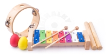 Woody Muzikální set ( xylofon, tamburína, dřívka, 2 maracas vajíčka )