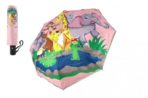 Deštník Zvířátka skládací vystřelovací látka/kov 28cm růžový v sáčku
