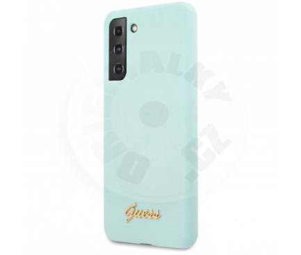 Silikonový kryt Guess Metal Logo Script pro Samsung Galaxy S21+ 5G - světle modrá_(1)