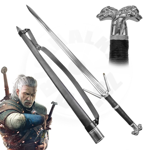 Luxusní 1,5-ruční meč "Witcher - Zaklínač stříbrný" s pevnou pochvou a zádovým popruhem (7)